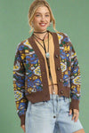 Floral Knit Button-Up Cardigan - Brown