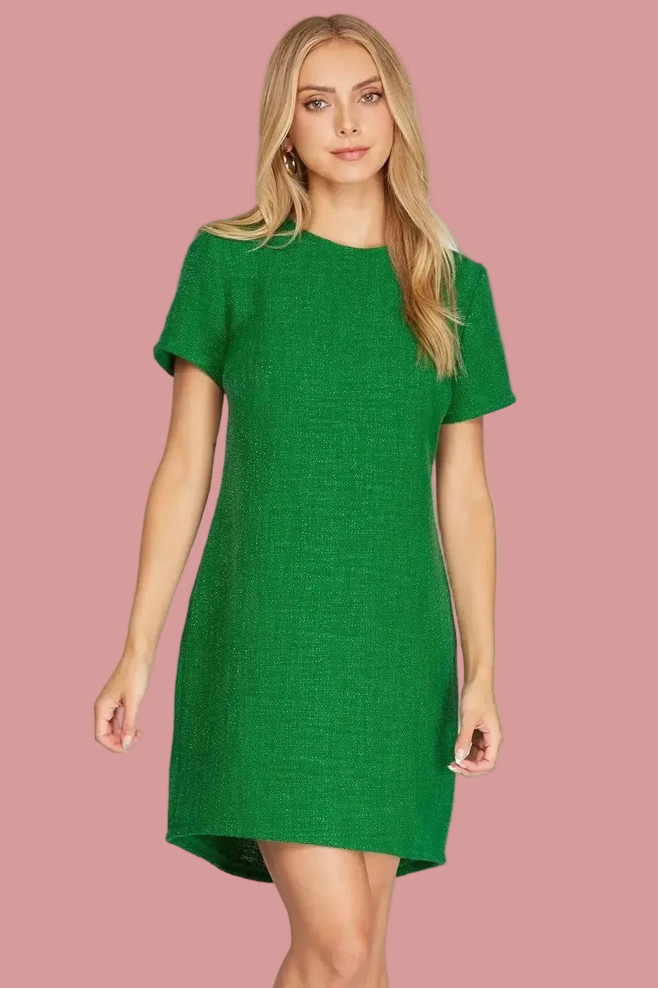 Short Sleeve Tweed Dress - Green