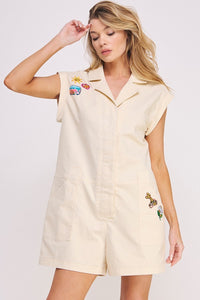 Utility Romper With Patchwork Detail Cream