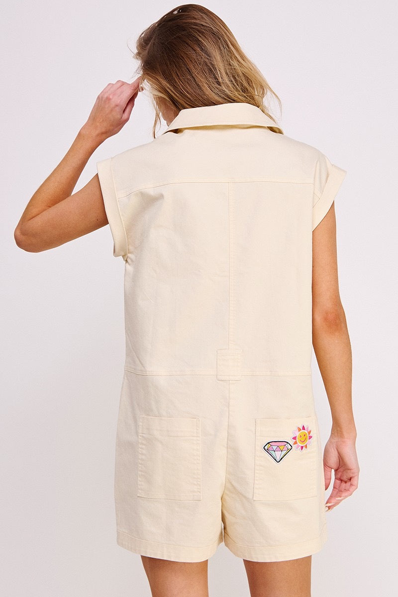 Utility Romper With Patchwork Detail Cream