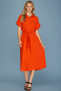 Button Down Belted Dress - Tomato