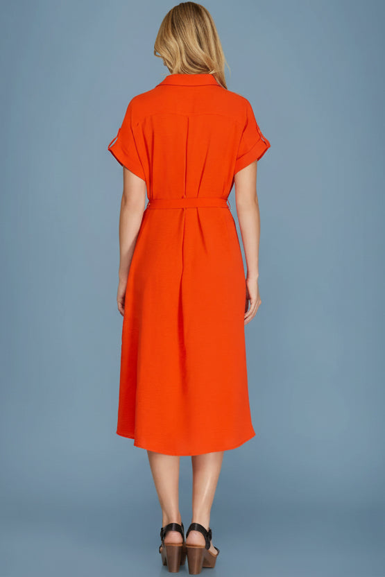 Button Down Belted Dress - Tomato