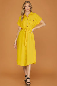 Button Down Belted Dress - Yellow