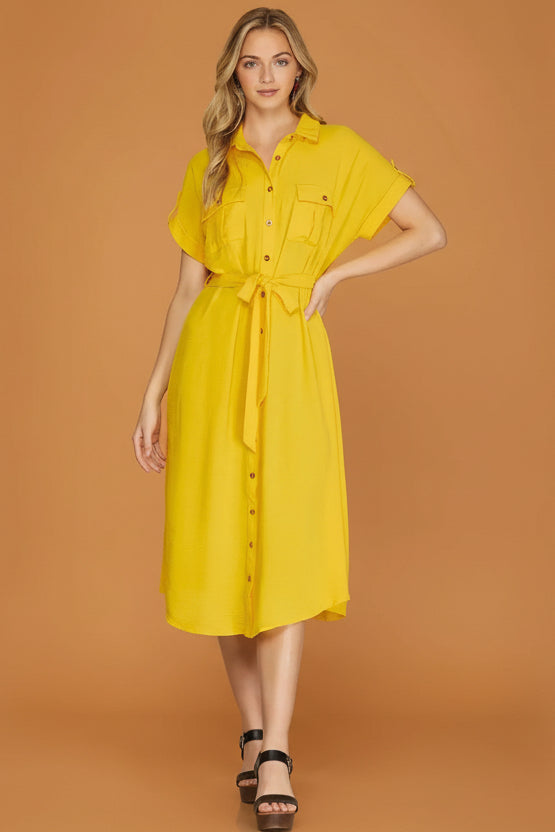 Button Down Belted Dress - Yellow