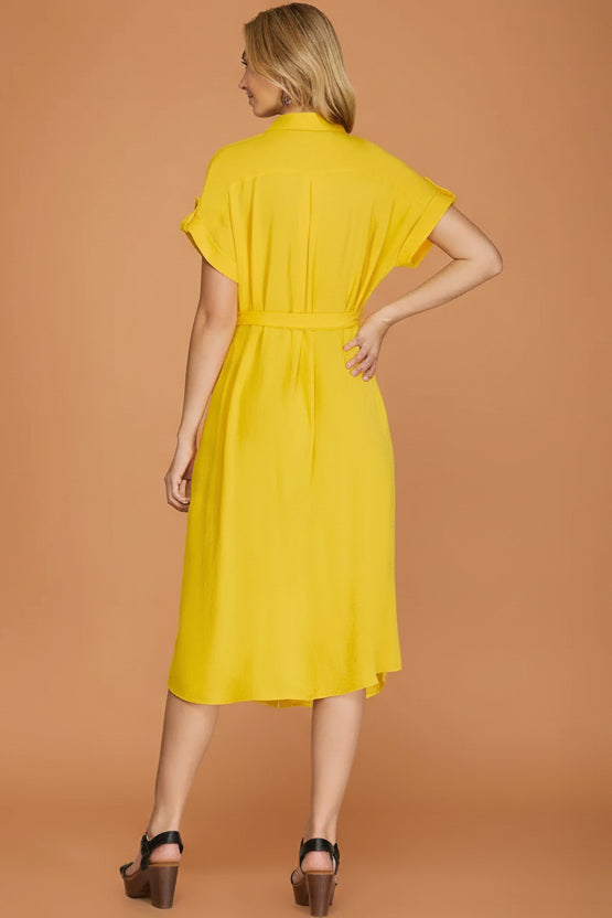 Button Down Belted Dress - Yellow