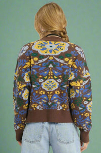Floral Knit Button-Up Cardigan - Brown