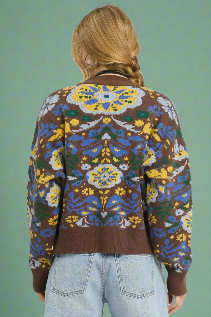 Floral Knit Button-Up Cardigan - Brown