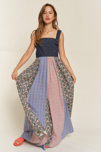 Vintage Plaid & Denim Suspender Maxi Dress Navy