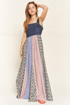 Vintage Plaid & Denim Suspender Maxi Dress Navy