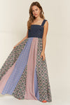 Vintage Plaid & Denim Suspender Maxi Dress Navy