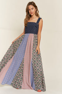 Vintage Plaid & Denim Suspender Maxi Dress Navy