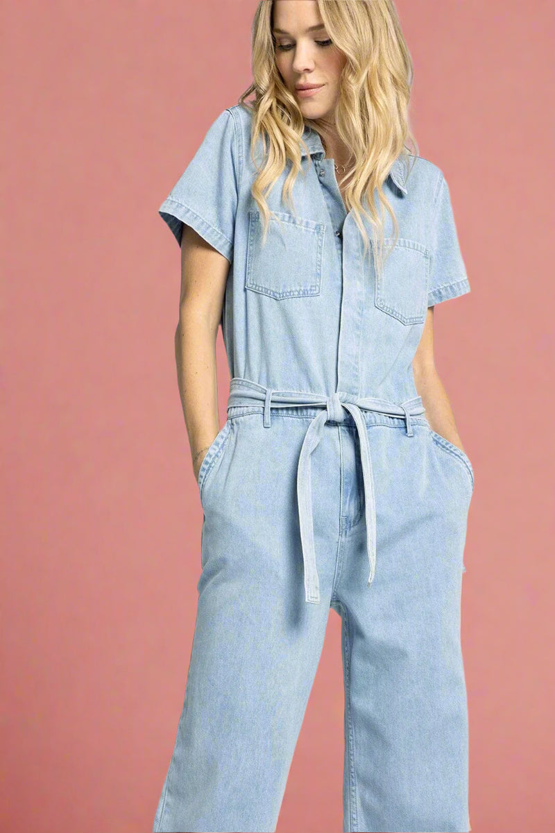 Madison Button Up Denim Jumpsuit - Sofia Wash