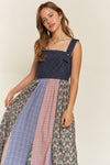 Vintage Plaid & Denim Suspender Maxi Dress Navy