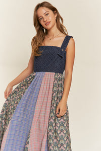 Vintage Plaid & Denim Suspender Maxi Dress Navy