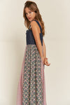 Vintage Plaid & Denim Suspender Maxi Dress Navy