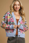 Floral Knit Button-Up Cardigan - Blue