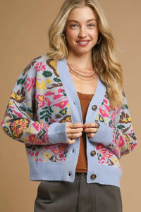 Floral Knit Button-Up Cardigan - Blue