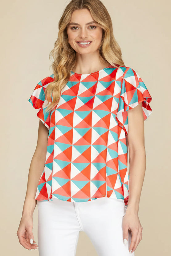 Flutter Sleeve Top - Coral/Aqua