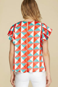 Flutter Sleeve Top - Coral/Aqua