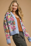 Floral Knit Button-Up Cardigan - Blue