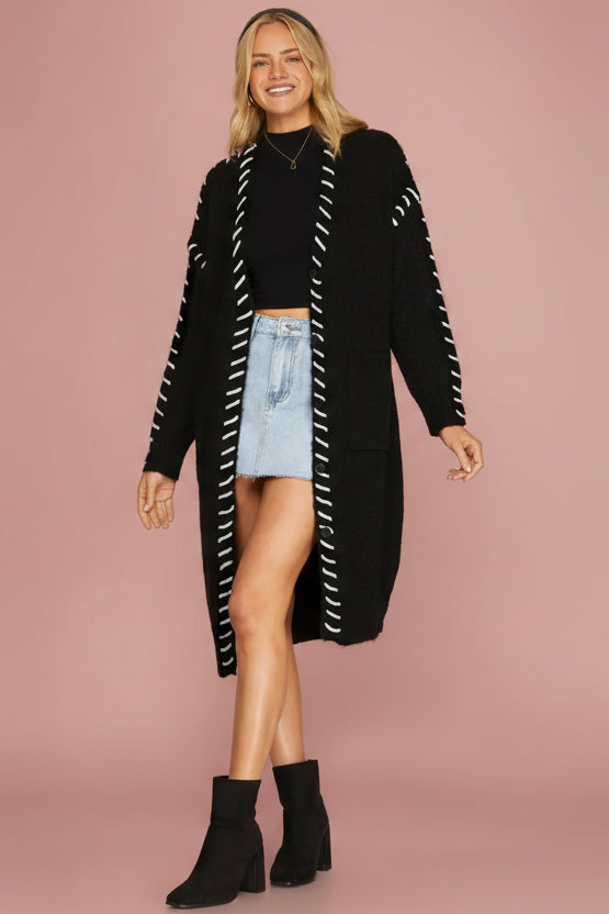 Open Cardigan Contrast Stitch - Black