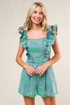 Square Neck Ruffle Sleeve Romper Green