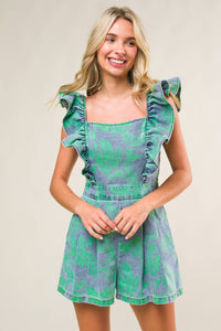 Square Neck Ruffle Sleeve Romper Green