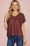 V-Neck Metallic Top - Burgundy