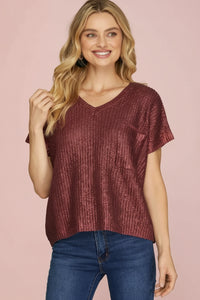 V-Neck Metallic Top - Burgundy