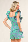 Square Neck Ruffle Sleeve Romper Green