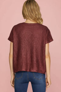 V-Neck Metallic Top - Burgundy