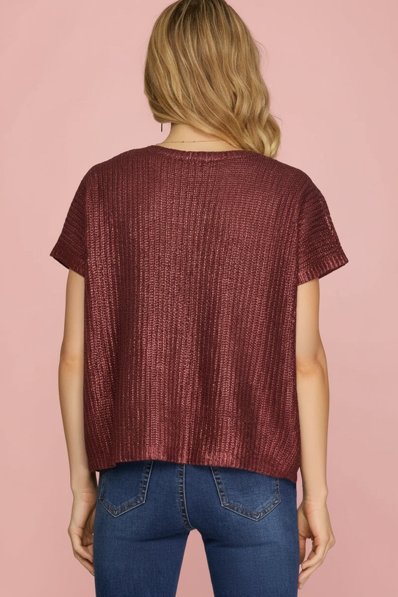 V-Neck Metallic Top - Burgundy