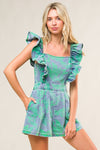 Square Neck Ruffle Sleeve Romper Green