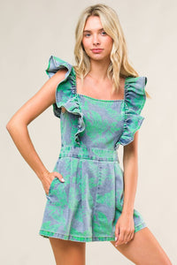 Square Neck Ruffle Sleeve Romper Green