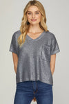 V-Neck Metallic Top - Blue Grey