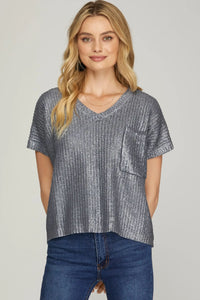 V-Neck Metallic Top - Blue Grey