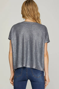 V-Neck Metallic Top - Blue Grey