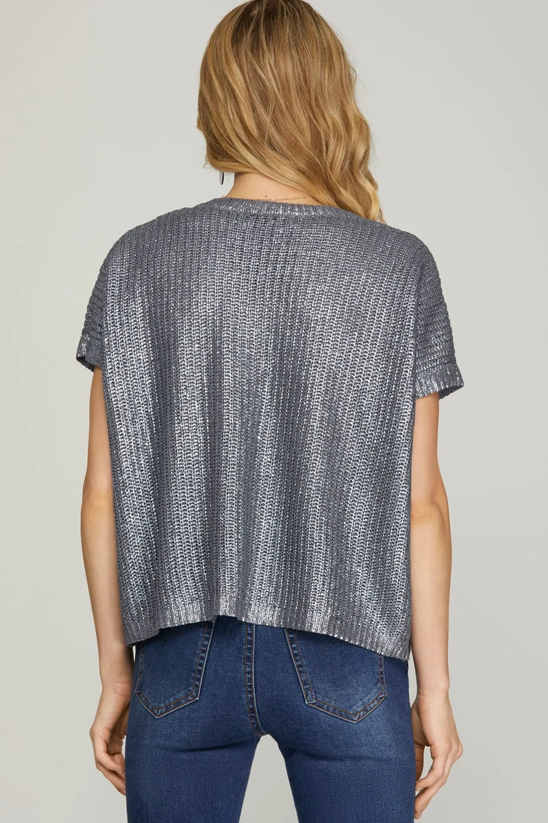 V-Neck Metallic Top - Blue Grey