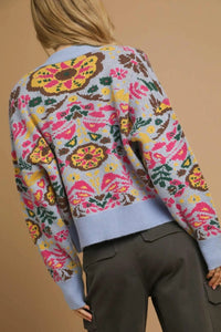 Floral Knit Button-Up Cardigan - Blue