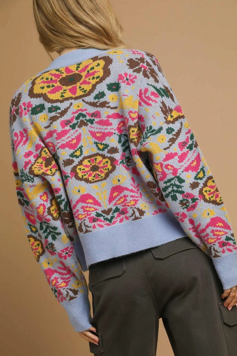 Floral Knit Button-Up Cardigan - Blue