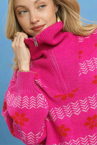 Mixed Jacquard Pullover Sweater - Pink