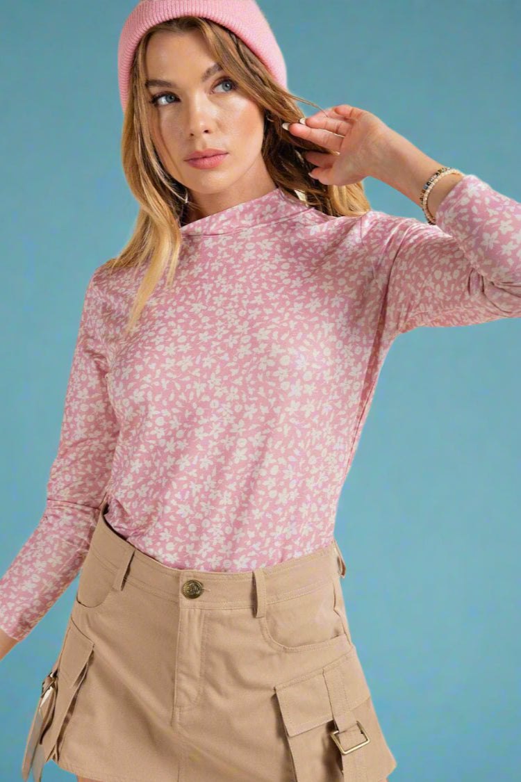 Mock Neck Floral Top - Pink