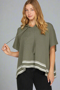 Hooded Sweater Top With Stripe Detail - Olive