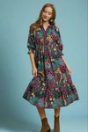 Floral Print V-Neck Midi Dress - Black