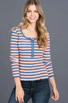 Ribbed Stripe Printed Knit Top Blue