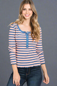 Ribbed Stripe Printed Knit Top Blue