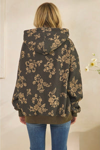 Floral Printed Fleece Hoodie - Charcoal