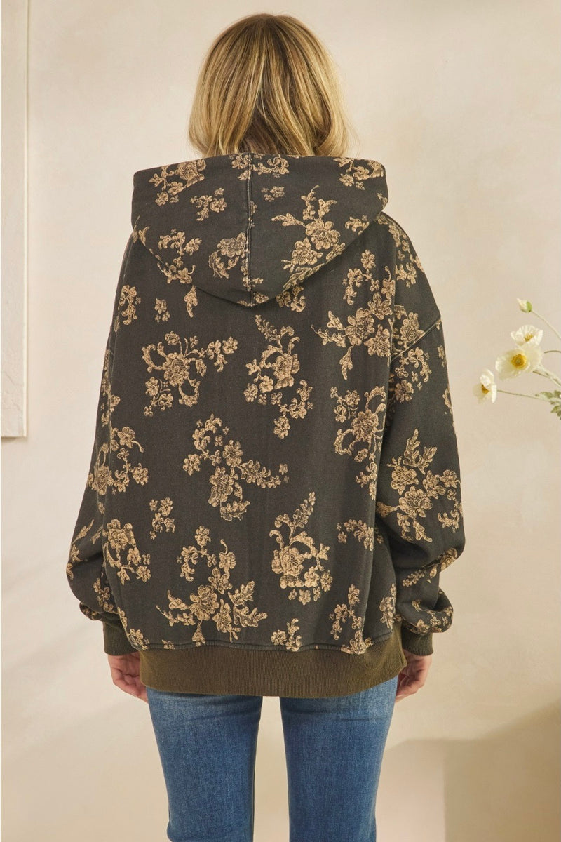 Floral Printed Fleece Hoodie - Charcoal
