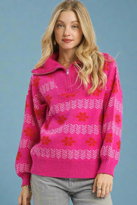 Mixed Jacquard Pullover Sweater - Pink
