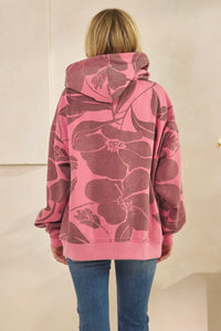 Floral Printed Fleece Hoodie - Pink